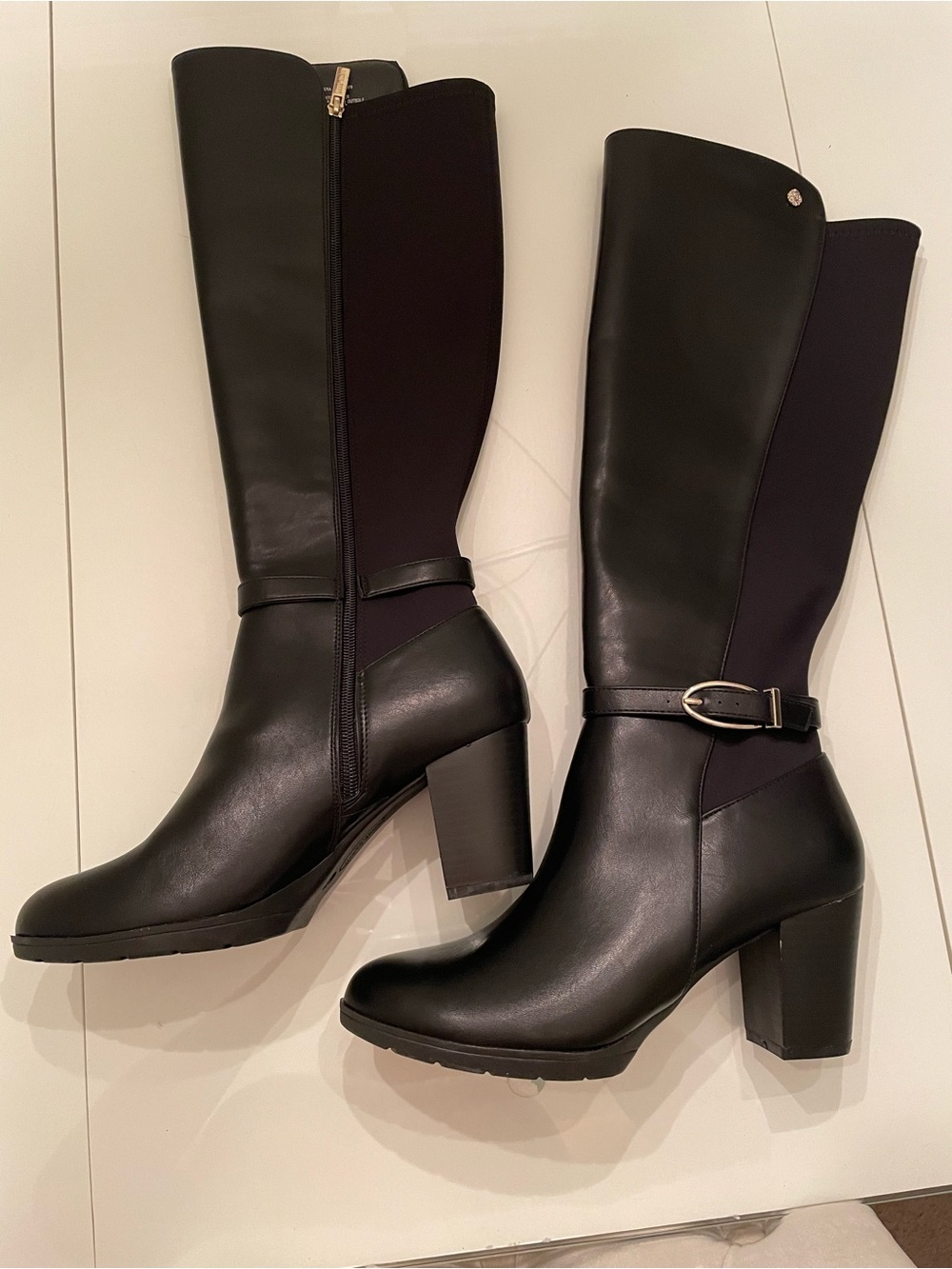Anne Klein Black Knee-High Block Heel Boots with Buckle